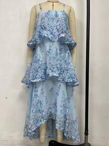 Brick Lane Co. 2026 European And American Summer And Sweet Printed Multi-Layer Cake Long Strap Dress Vacation Outfits Women Summer Outfits Women Dresses Women - 淺藍色 - 查看 5