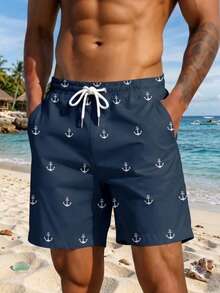 Men's Ocean Element 3D Digital Print Casual, Beach, Daily Vacation Shorts With Drawstring, Single Layer No Lining,Hawaiian - Blue - View 2