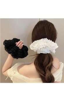 2pcs/1pc Elegant Lace Hollow Sausage Shaped Hair Accessories, Crispy Texture, Black And White, Multifunctional, Silky Smooth, Floral Pattern Decor, Soft And Durable, Suitable For Women. It Can Be Used As Hair Clips, Hair Ties, Ponytail Holders, Headbands. Great Gift For Mom Or Girlfriend.,Beach,Travel - Multicolor - View 2