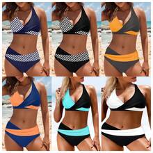 Sexy Bikini For Women, Two-Piece Swimsuit With Striped Color Blocking - Black and White Stripes - View 3