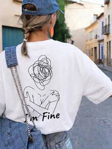 Women's "I'm Fine" Abstract Line Print T-Shirt | Loose Dropped Shoulder Design | Niche Artistic Vibe | Streetwear Cool | Unique Back Print | Daily, Street, Music Festival, Gathering Top | Blogger Recommended Design - White - View 5