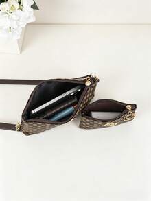 Women's Retro Polka Dot Print Crossbody Bag + Coin Purse Set, Suitable For Holiday Beach - Coffee Brown - View 5
