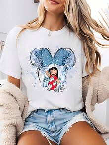 Disney-Style Women's Printed T-Shirt Featuring A Watercolor Cartoon Print Of Lilo From Lilo & Stitch Within A Mickey Mouse Head Outline. This Round-Neck Summer Top Is Crafted From Soft, Comfortable 100% Cotton Fabric, Perfect For Everyday Wear, Outdoor Activities, Or Shopping. It Also Makes An Ideal Choice For Women's Vacation Attire. - 白色 - 查看 1