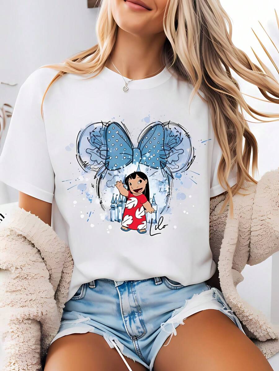 Disney-Style Women's Printed T-Shirt Featuring A Watercolor Cartoon Print Of Lilo From Lilo & Stitch Within A Mickey Mouse Head Outline. This Round-Neck Summer Top Is Crafted From Soft, Comfortable 100% Cotton Fabric, Perfect For Everyday Wear, Outdoor Activities, Or Shopping. It Also Makes An Ideal Choice For Women's Vacation Attire. - 白色 - 查看 1