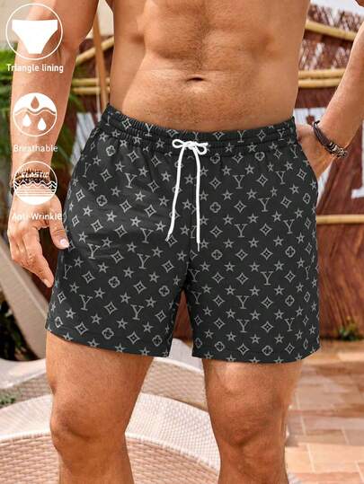 Men's 3D Digital Printed Letter Graphic Drawstring Casual Shorts, Suitable For Summer, Beach, Holiday, Outdoor