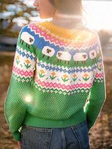 Women's Knitted Crew Neck Long Sleeve Pullover With Ribbed Knit Details, Regular Length, Sheep And Floral Pattern, Suitable For Commuting In Autumn And Winter - Green - View 3