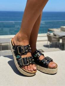 Ladies Fashion Platform Slippers Sandals - Black - View 2