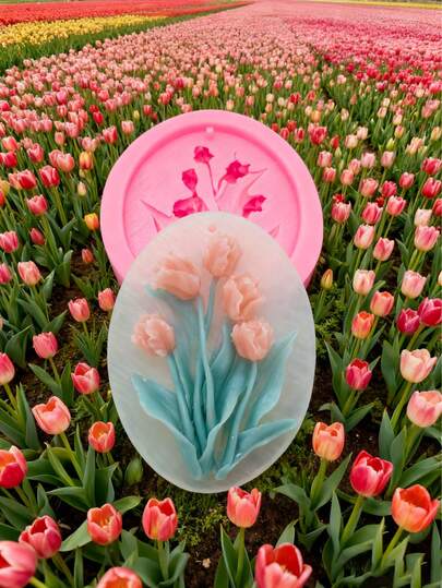 1 Khuôn silicon hình hoa tulip màu hồng sáng tạo, có thể dùng để làm thẻ thơm, đồ trang trí treo xe hơi, chất liệu mềm, dễ lấy khuôn ra, có thể dùng để làm nến thơm, đất sét, các sản phẩm nhựa nhỏ giọt, khuôn có thể tái sử dụng.