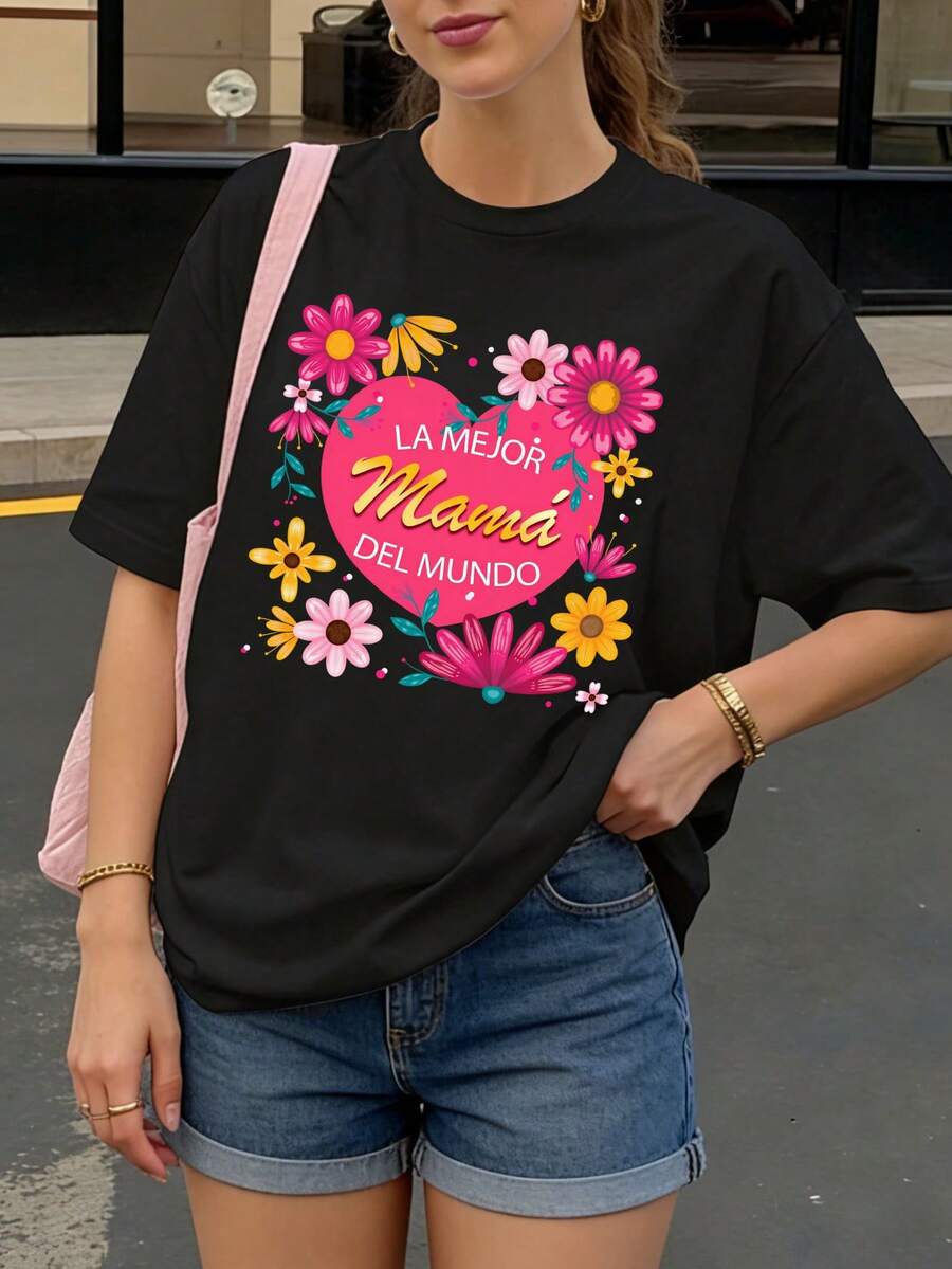 Camiseta Negra con Estampado Floral y Texto La Mejor Mama del Mundo para Mujer Casual - Negro - Ver 1