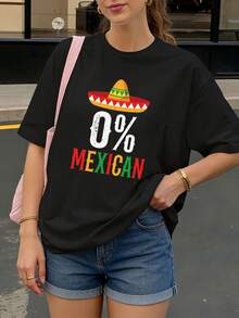 Camiseta Negra con Sombrero Mexicano y Texto 0 Porciento Mexicano para Fiesta - Negro - Ver 1