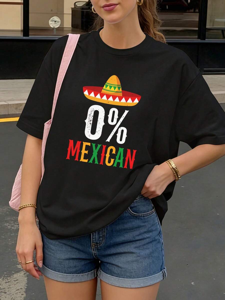 Camiseta Negra con Sombrero Mexicano y Texto 0 Porciento Mexicano para Fiesta - Negro - Ver 1