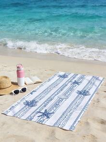1pc Ocean Themed Beach Towel, Blue & White Striped With Starfish & Shell Print, Quick Dry Absorbent Towel For Beach, Pool, Travel - Striped Ocean Shell - View 12