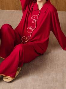 Gongdie 女士红色长袖纯棉睡衣套装（2件套），春秋季 - 紅色 - 查看 4
