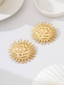 2pcs Fashionable Minimalist Asymmetrical Sun-Shaped Stud Earrings, Versatile Elegant Design Suitable For Women To Wear On Vacation - Golden Sunflower - View 5