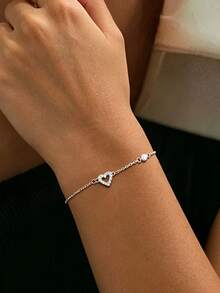 1pc S925 Sterling Silver Hollow Heart Rhinestone Bracelet, Sweet & Cute Ins Style Delicate Minimalist Accessory, Fashionable & Refined, Suitable For Girls Daily Wear Or Birthday Gift - Love - View 7