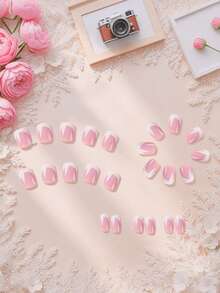 120 piezas Conjunto de uñas postizas francesas de cobertura total! Uñas falsas francesas, de cobertura total, adecuadas para mujeres y niñas, productos de uñas adhesivos de un solo uso. - Blanco - Ver 4