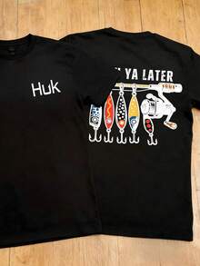 Catch Ya Later Fishing Lure Graphic T-Shirt And Shorts Set For Men Casual Outdoor Wear With Huk Logo Design Perfect For Fishing Enthusiasts And Adventure Seekers  Summer Outfit For Beach Camping And Weekend Getaways - 黑色 - 查看 2