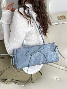 1pc Vintage Large Capacity Tote Bag, Commuter Oversized Underarm Bag, Fashion Motorcycle Handbag, PU Denim Texture, Strap Decor, Zipper Closure, Women's Shoulder Bag For Work/School/Travel/Shopping/Business, Suitable For Daily Use - Sky Blue - View 8
