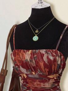 Vestido mini halter retro estampado otoñal con pliegues para mujer - Burdeos - Ver 6