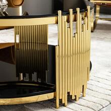 Modern Black Glass Coffee Table, Luxury Living Room Tables With Double Glass Top, Round Coffee Table With Gold Steel Base, Sofa Table With Glass Round Top, Center Table For Living Room / Home / Office - Black - View 9
