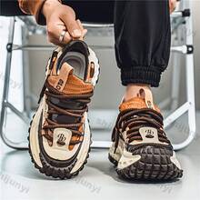 Men's Retro Chunky Dad Shoes, Lace-Up Thick Sole Height Increasing Casual Sports Sneakers For Streetwear - Brown - View 3