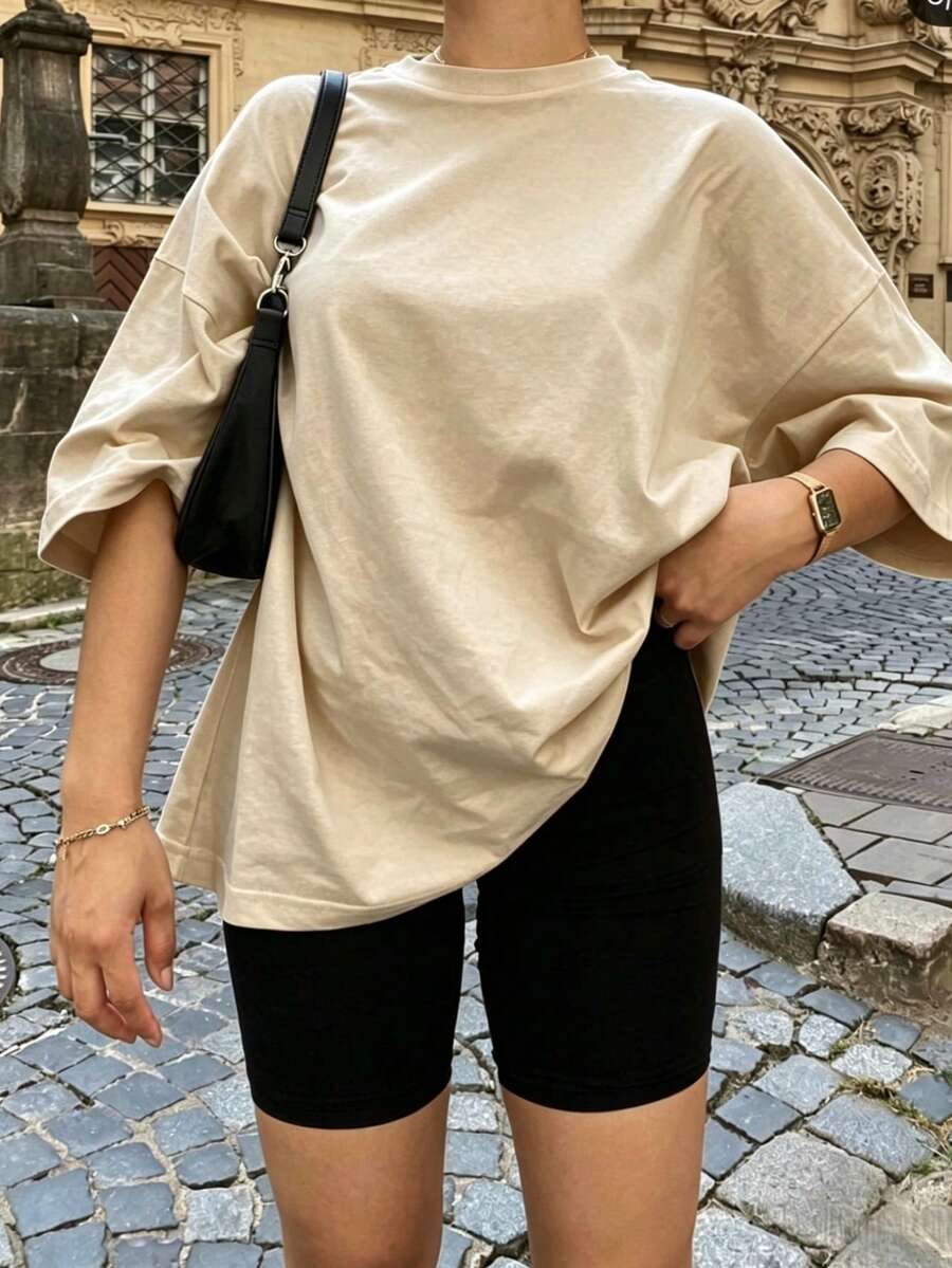 Top oversize printemps/été, top 100% coton, t-shirt femme couleur unie col rond manches courtes, doux et confortable, décontracté, streetwear, top Y2K, été, printemps - Nude - Voir 1