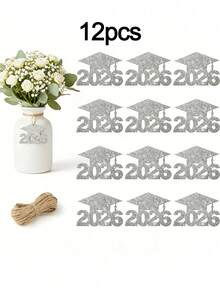 1/12/24 piezas Decoraciones para Fiesta de Graduación 2026 - Etiquetas de Gorro de Graduación con Brillo, Centros de Mesa de Florero de Papel Colorido, Material de Papel, Adecuado para Centros de Mesa de Ceremonia de Graduación, Decoración de Fiesta de Graduación - Multicolor - Ver 9