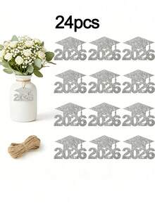 1/12/24 piezas Decoraciones para Fiesta de Graduación 2026 - Etiquetas de Gorro de Graduación con Brillo, Centros de Mesa de Florero de Papel Colorido, Material de Papel, Adecuado para Centros de Mesa de Ceremonia de Graduación, Decoración de Fiesta de Graduación - Multicolor - Ver 13