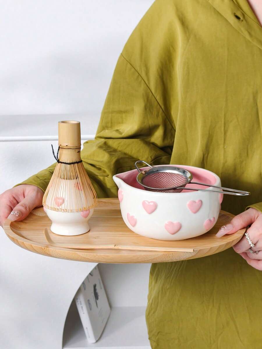 1pc/2pcs/4pcs/5pcs/8pcs Set New Pink Embossed Heart Matcha Bowl Tea Set, Highly Attractive Heart-Shaped Spout Bowl, Matcha Tool Combination Including Matcha Bowl, Whisk And Holder, Bamboo Scoop, Sieve, Suitable For Matcha Lovers And Beginners, Great Gift, Mother's Day Gift, Gift For Elders