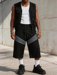 Pantaloncini casual da uomo a contrasto di colore, con texture a nido d'ape, vestibilità morbida, pantaloni sportivi - nero - Visualizzare 1