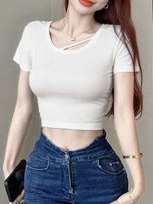 撞色蝴蝶结系带露脐女式T恤休闲款 - 白色 - 查看 5