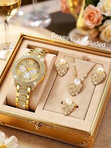 Bộ 1 đồng hồ + 4 món trang sức - Đồng hồ đeo tay thời trang mặt trang trí, đồng hồ nữ đính đá lấp lánh, đi kèm bộ trang sức lông vũ và ngọc trai giả. Thích hợp làm quà tặng sinh nhật và các dịp lễ hội; cũng thích hợp làm quà tặng cho gia đình, người thân và học sinh. - Nhiều màu - Xem 1