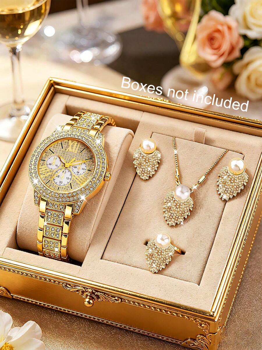 Bộ 1 đồng hồ + 4 món trang sức - Đồng hồ đeo tay thời trang mặt trang trí, đồng hồ nữ đính đá lấp lánh, đi kèm bộ trang sức lông vũ và ngọc trai giả. Thích hợp làm quà tặng sinh nhật và các dịp lễ hội; cũng thích hợp làm quà tặng cho gia đình, người thân và học sinh. - Nhiều màu - Xem 1