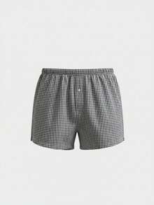 Quần short kẻ caro đa năng mùa hè, cạp chun, cài một hàng khuy, thoải mái, thoáng khí, kiểu dáng thường ngày. - màu đen - Xem 3