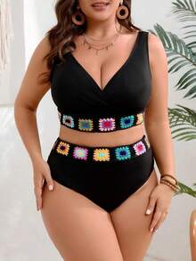 Plus Size Sexy Spaghetti Strap Bikini With Crochet Detail High Stretch Woven Fabric Black Swimsuit Set,Beach Wear,Ropa De Playa,Trusas De Mujer Para Playa,Pool Party Outfit Women,Tankini Top,Trusas De Mujer Para Playa,Traje De Baño Mujer,Swimwear,Tropicoqueta Outfits,Tropical Outfits For Women,4th Of July Outfit Women,Bikini Sets Full Coverage,Full Coverage Bikini,Hawaii,Trajes De Baño Mujeres - 黑色 - 查看 7