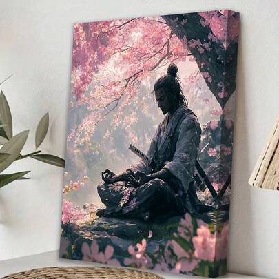 1 pieza Arte en lienzo - Escena de cerezo japonés y samurái, ideal para el hogar, la oficina, la sala de estar, la decoración del dormitorio - Arte de pared inspirado en la naturaleza tranquila, mejora del ambiente de la habitación Pieza de pared cultural enmarcada rústica en lienzo