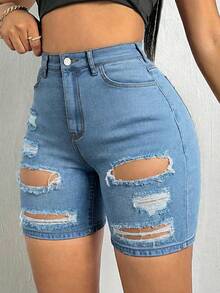 Women's Summer Casual Cat Whisker Decor Elastic Skinny Denim Shorts, Slim Fit, Suitable For Vacation, Beach, Concerts, Music Festivals, Cowgirl Looks - Rửa trung bình - Xem 3