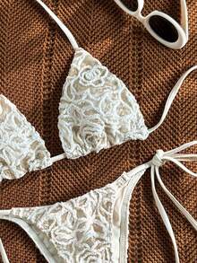 Bộ bikini nữ gợi cảm, đính sequin, kiểu buộc dây, thích hợp cho kỳ nghỉ hè, đi biển. - màu trắng nhạt - Xem 2