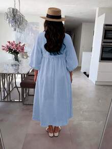 Women's Loose Solid Color Patchwork Party Ruffle Hem Dress, Elegant Casual For Spring & Summer - Baby Blue - View 5