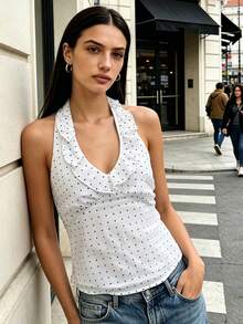 Camisetas sin mangas con cuello halter para mujer, estilo verano, con escote en V profundo, sin mangas, con volantes y estampado de lunares. - Blanco - Ver 3