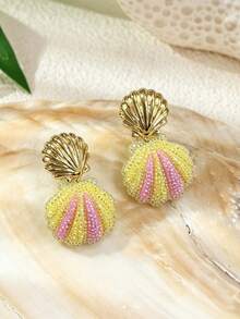 Mermaid Style Shiny Shell Earrings, Beach Earrings For Summer - Gold Shell Top With Sparkling Resin Pendant - Simple Multi-colored Seashell Earrings - View 2