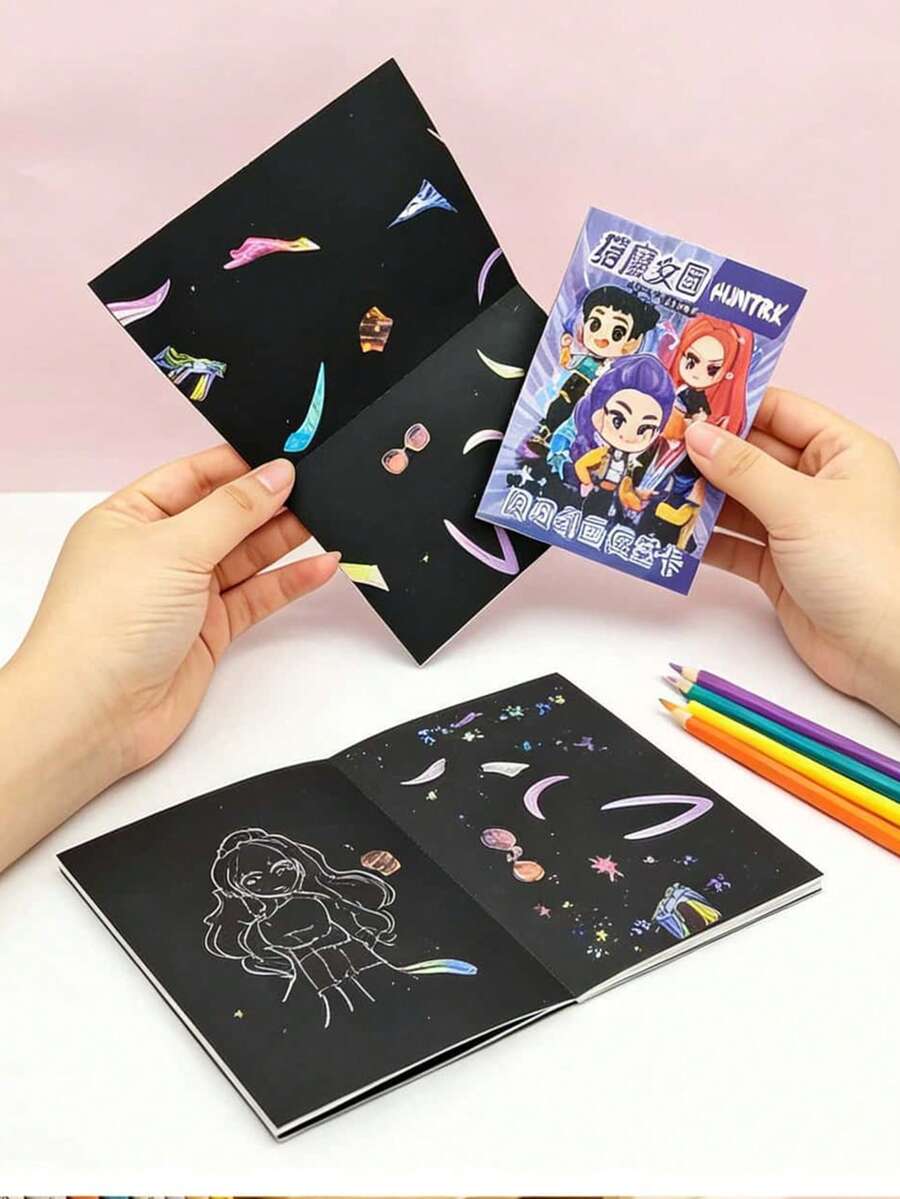 4张K-POP刮刮卡，K-POP主题彩虹刮刮纸，创意DIY涂鸦笔记本 - 彩色 - 查看 1