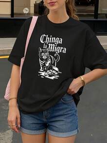 Camiseta Negra con Gato y Texto Chinga la Migra para Mujer Estilo Casual - Negro - Ver 1
