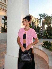 女士春夏新款针织上衣，休闲简约度假风，橙色纯色圆领短袖菱形纹理半开领设计，沙滩度假旅行穿搭，亮片上衣，女士夏季服装 - 粉紅 - 查看 2