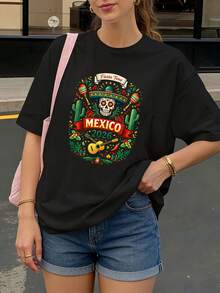 Camiseta Negra con Estampado de México 2026 Fiestas y Calaveras para Fiesta - Negro - Ver 1