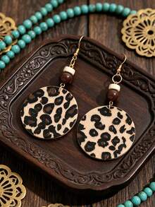 1对时尚性感豹纹串珠皮革耳环，女士时尚几何圆形豹纹皮革耳环 - 豹紋 - 查看 3