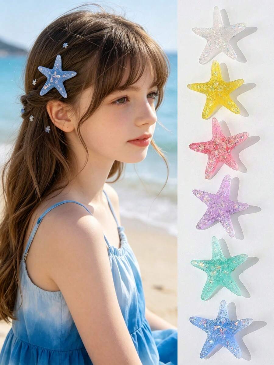 6pcs Girls' Colorful Starfish Side Clip, Fresh Summer Vacation Style - Multicolor - View 1