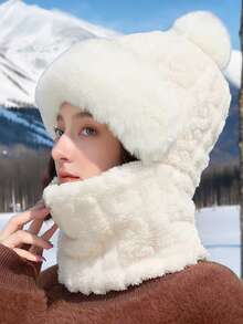 1. 女士帽子围巾一体式毛绒帽，冬季户外防风保暖帽 - 多色 - 查看 2