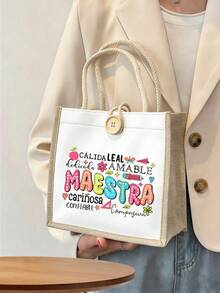 Multicolor Maestra Letter And Pencil Apple Pattern Print Tote Bag ,Reusable Tote - Multicolor - View 9