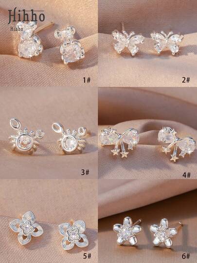 Hihho 1 Pair Assorted Styles: Delicate Bear, Butterfly, Cute Crab, Star Bow, Hollow Clover, Exquisite 5-Petal Flower, Classic Versatile Minimalist Elegant, Can Be Worn Individually Or Mixed And Matched, Suitable For Daily, School, Commute, Date, Everyday Wear